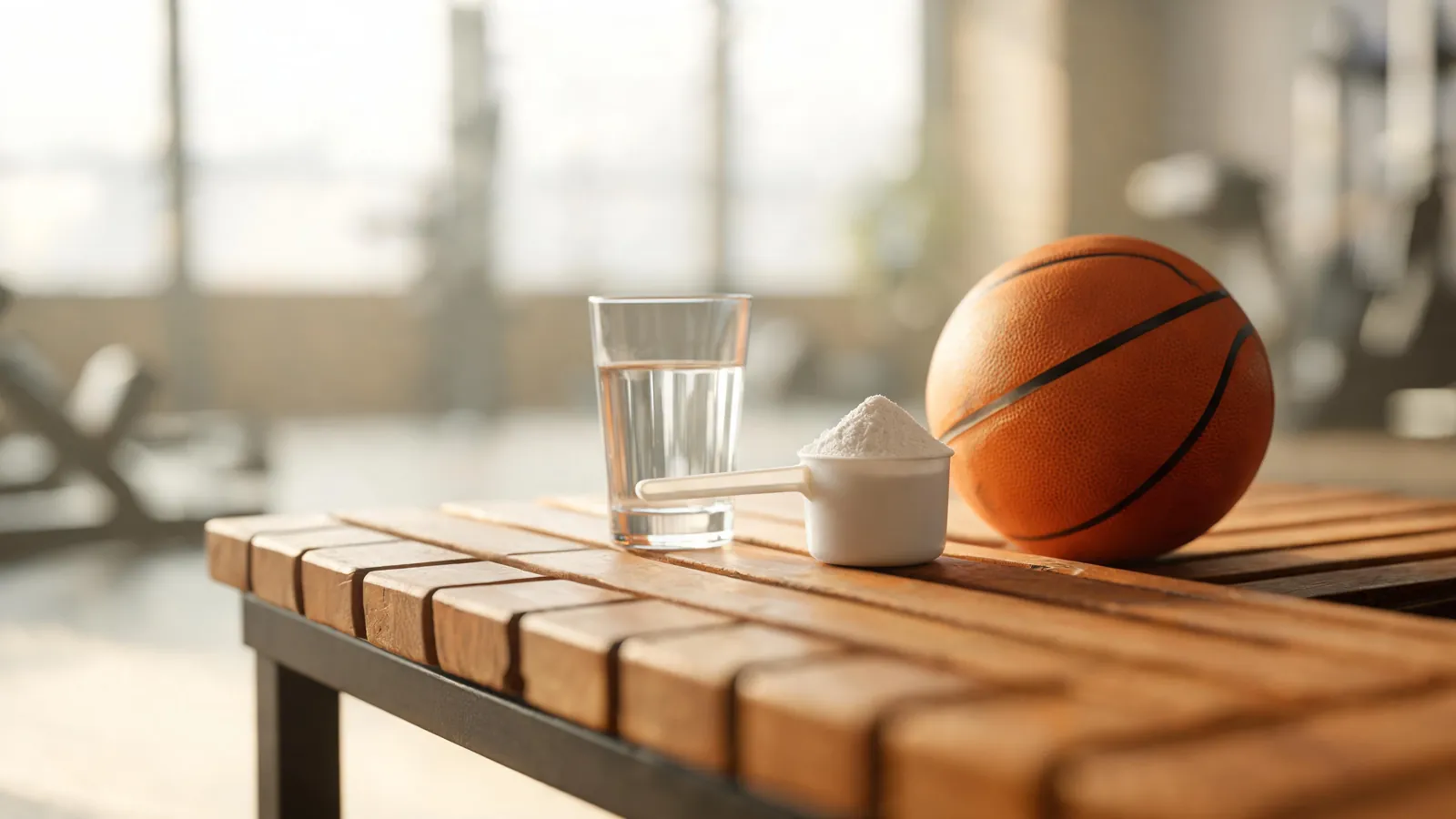 Måleskje med hvitt pulver ved et vannglass og en basketball