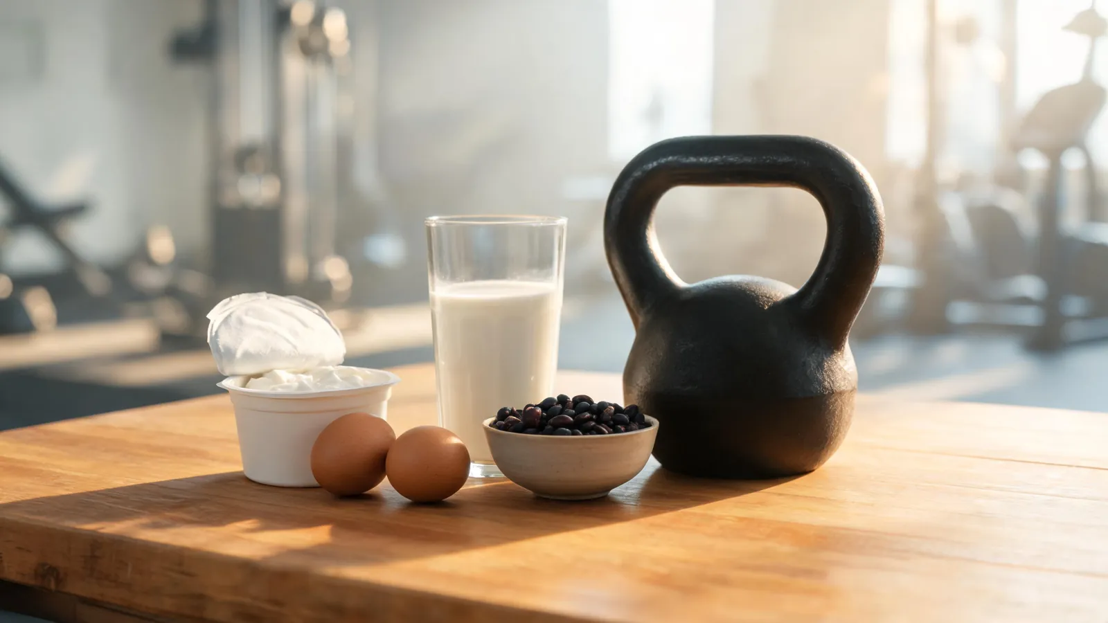 Yoghurt, egg, bønner og melk ved en kettlebell