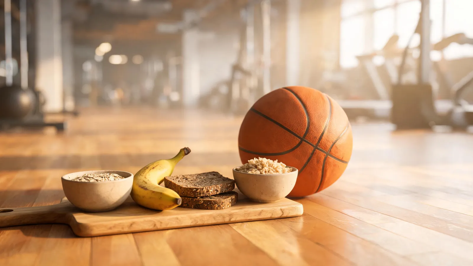 Havre, bananer, brød og ris ved siden av en basketball