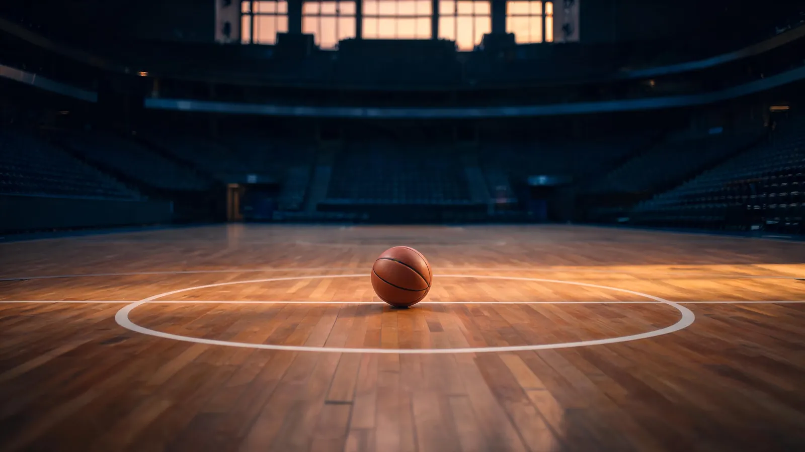 Tom basketballhall i kveldslys med en ball på midtsirkelen