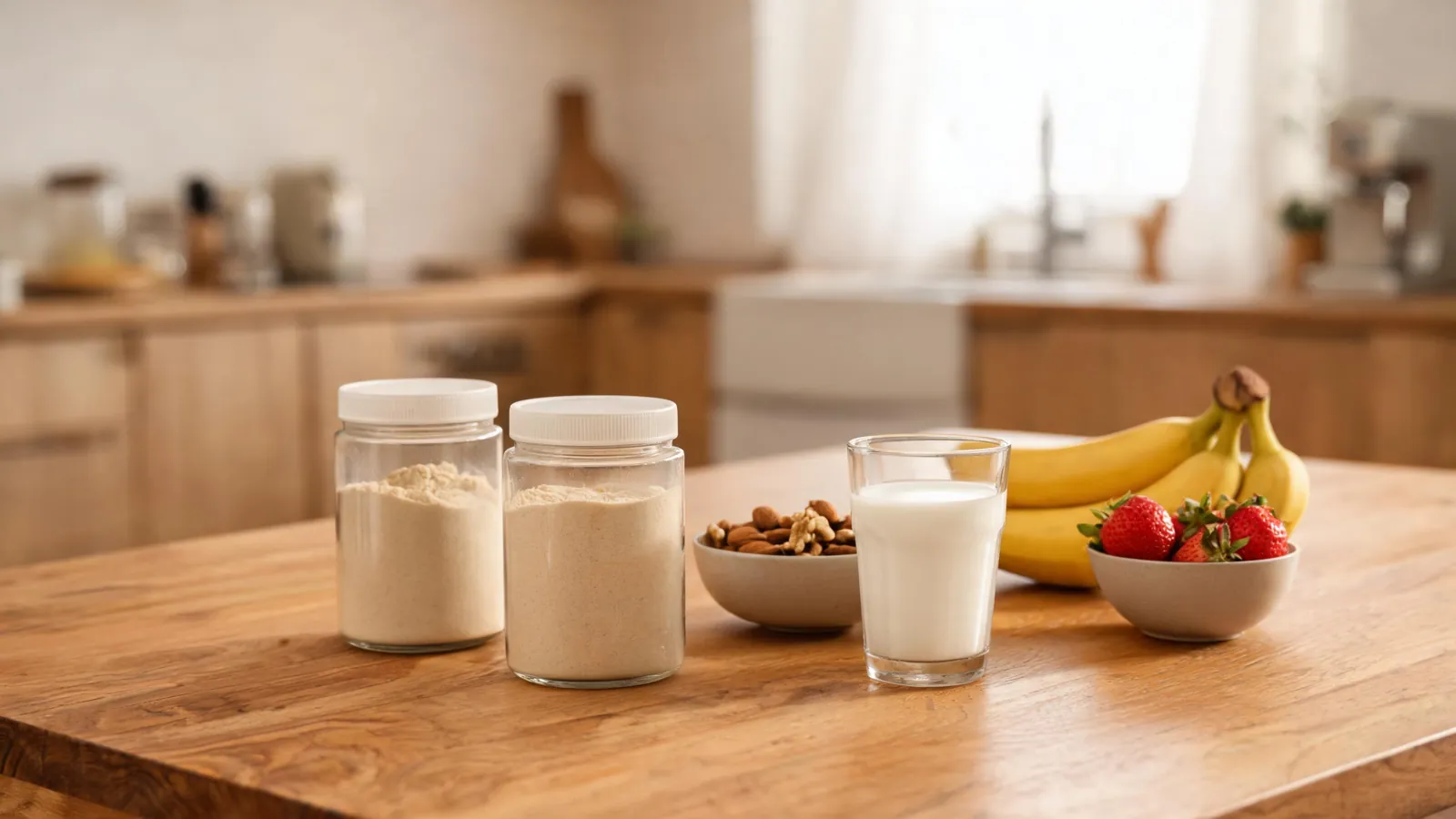 Glass uten etikett ved siden av frukt, nøtter og melk