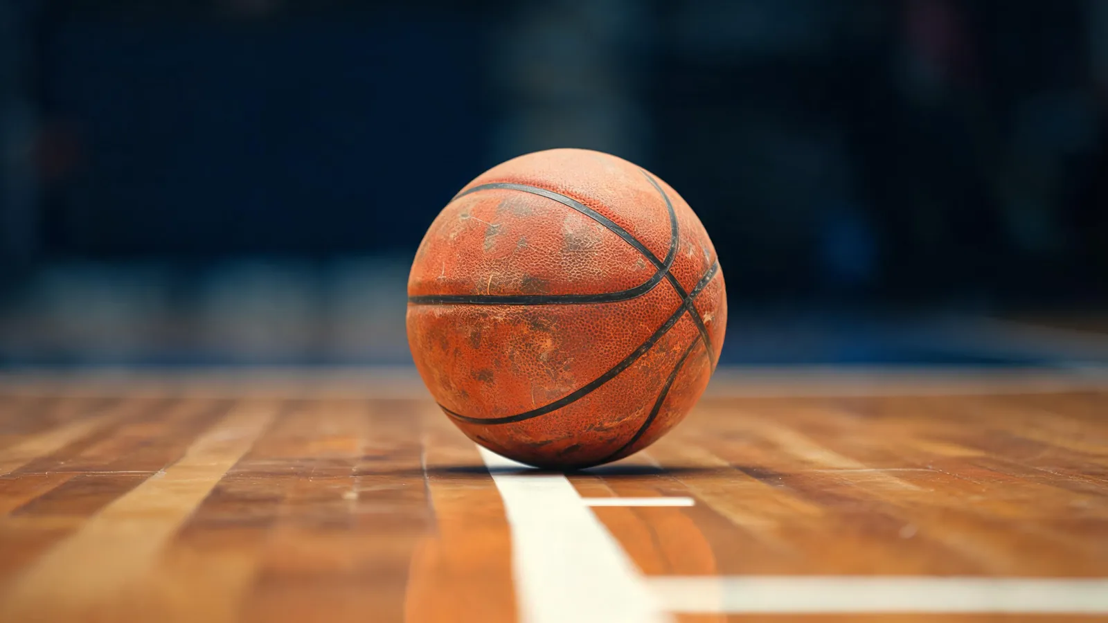 Basketball på trepoengslinjen, sett lavt fra parketten