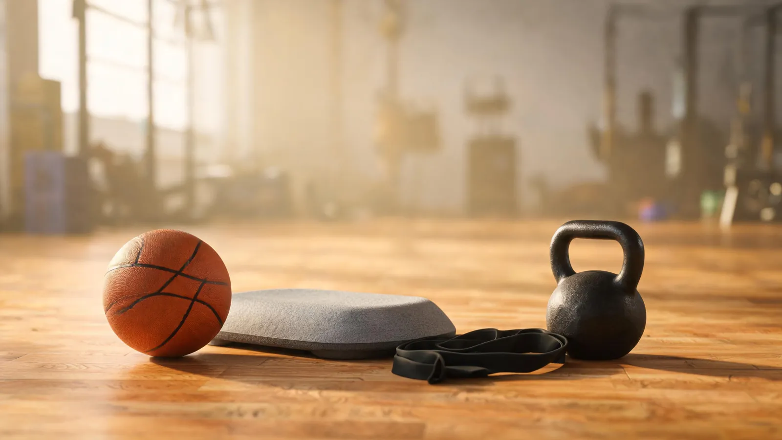 Strikker, balansepute og kettlebell ved siden av en basketball
