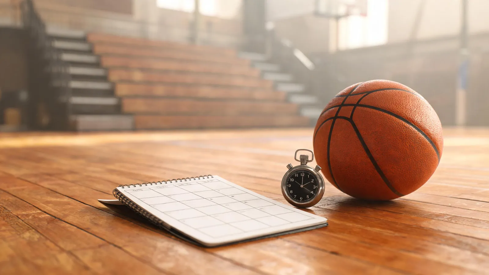 Treningsdagbok, stoppeklokke og basketball på gulvet i en gymsal