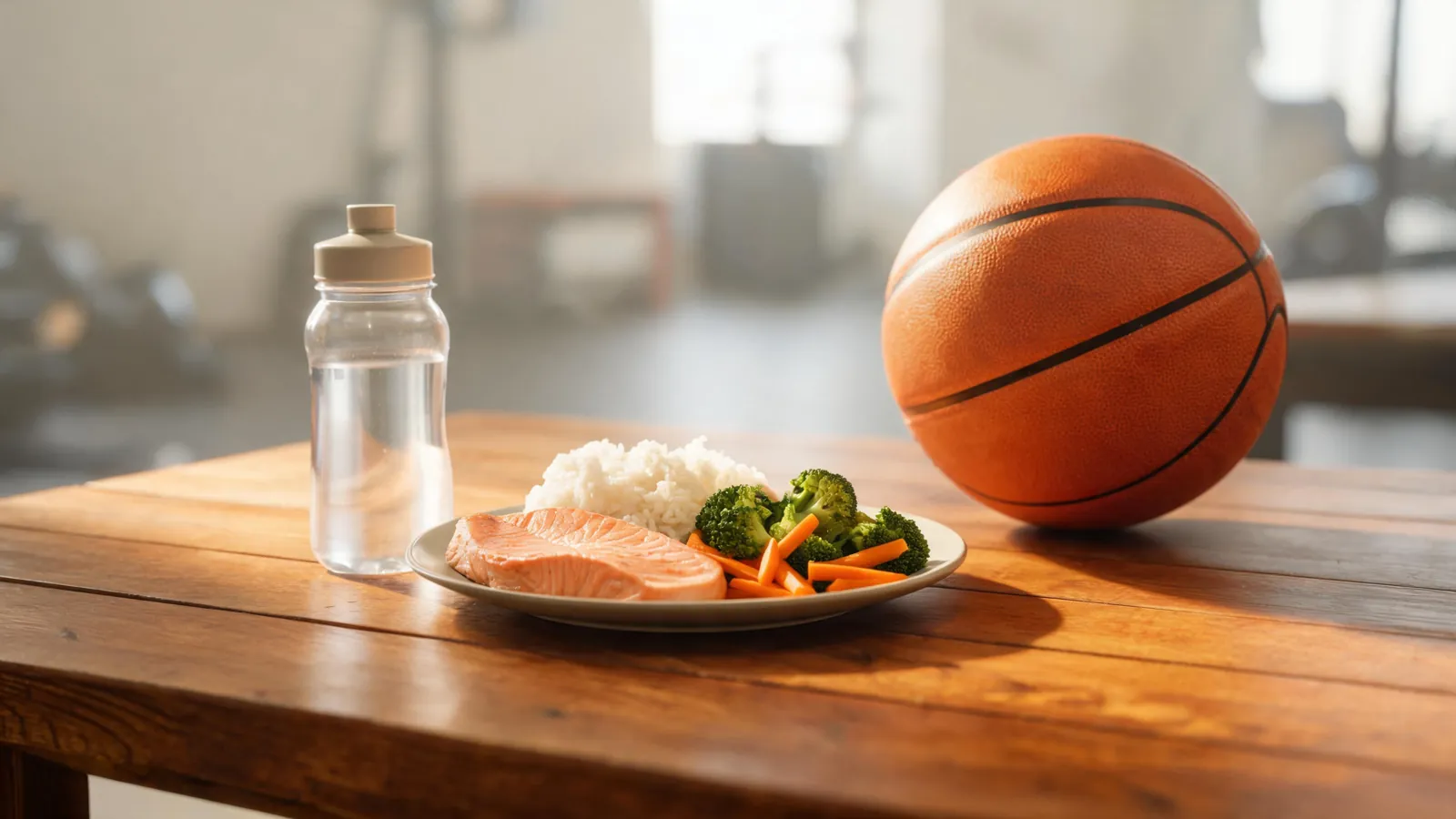 Måltid med ris, laks og grønnsaker ved siden av en basketball