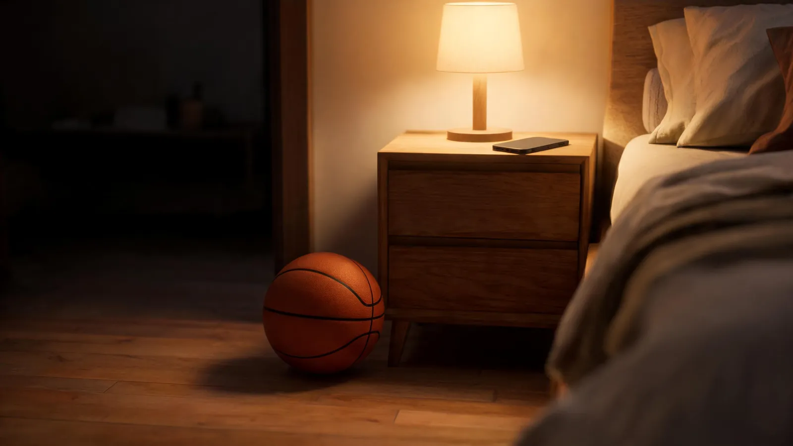 Rolig soverom med basketball på gulvet og mobilen snudd ned
