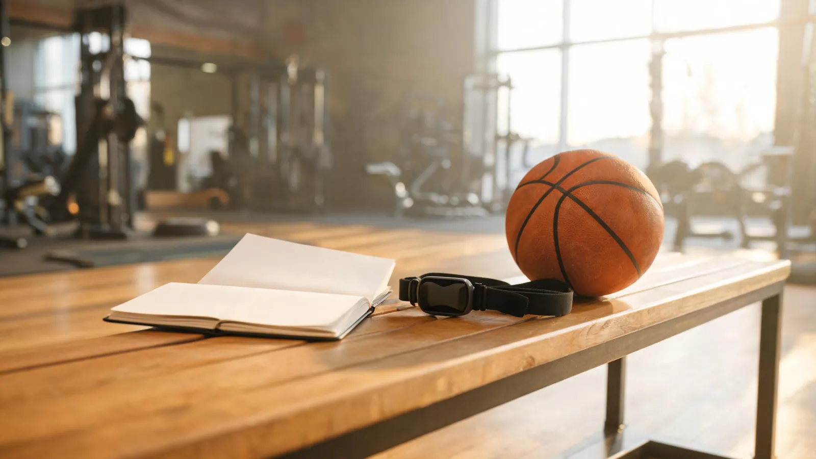 Treningslogg, pulsbelte og basketball på en benk