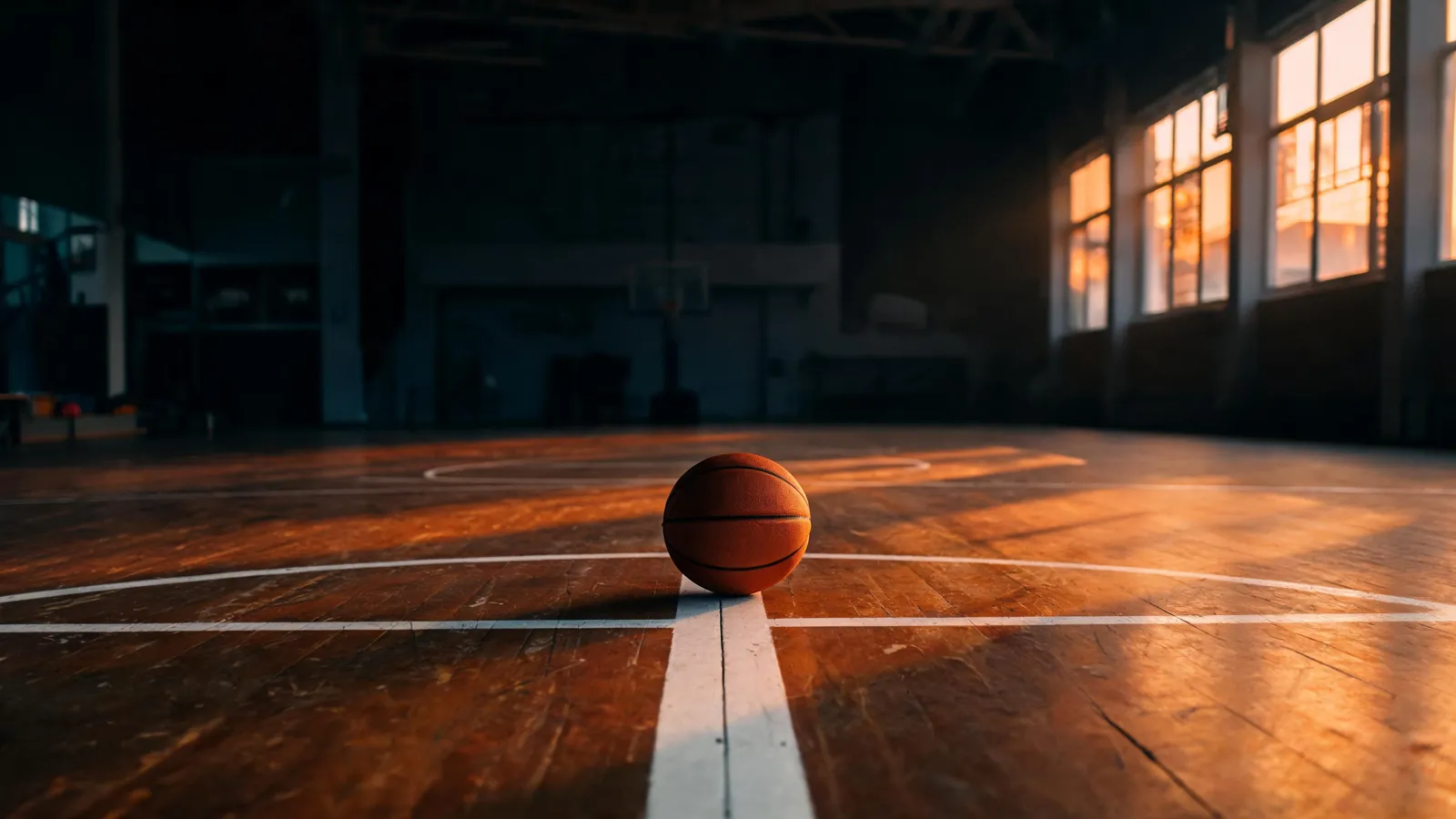 Basketball på frikastlinjen i en tom hall i kveldslys